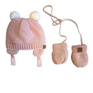 Calikids Double Pom Pom Super Soft Knit and Fuzzy Fleece Lined Hat & Mittens Set